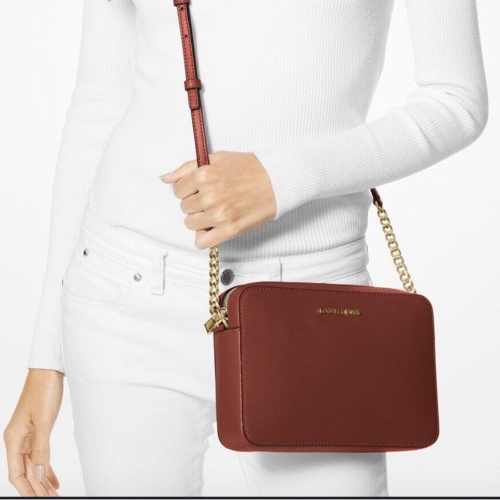 Michael Kors Jet Set EW Plum Borolo Crossgrain Leather Large Crossbody Bag